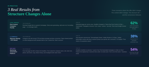 All 3 real-world case studies in a dark row layout — Pest Control (+62%), Skincare (+38%), B2B SaaS (+54%) — each with problem, fix, and lift