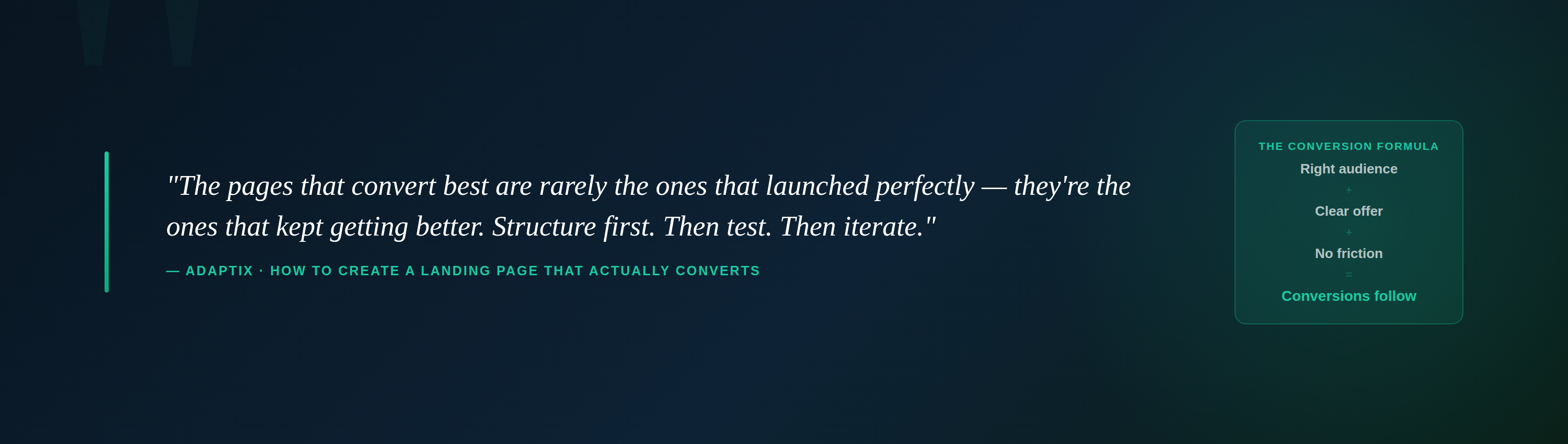Pull quote with the conversion formula (Right audience + Clear offer + No friction = Conversions follow) as the aside