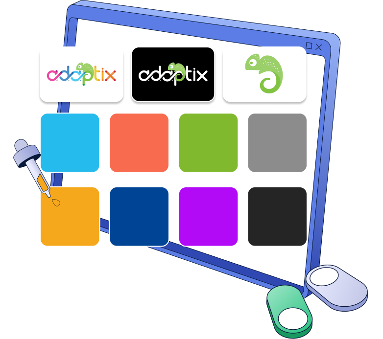A computer screen displaying Adaptix logos, a chameleon icon, and eight color swatches with a dropper.