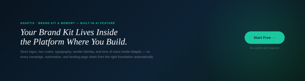 Hero with a live Brand Kit & Memory panel mock — color swatches with hex values, typography stack, and locked sender identity rules (from-name, reply-to, BIMI SVG)