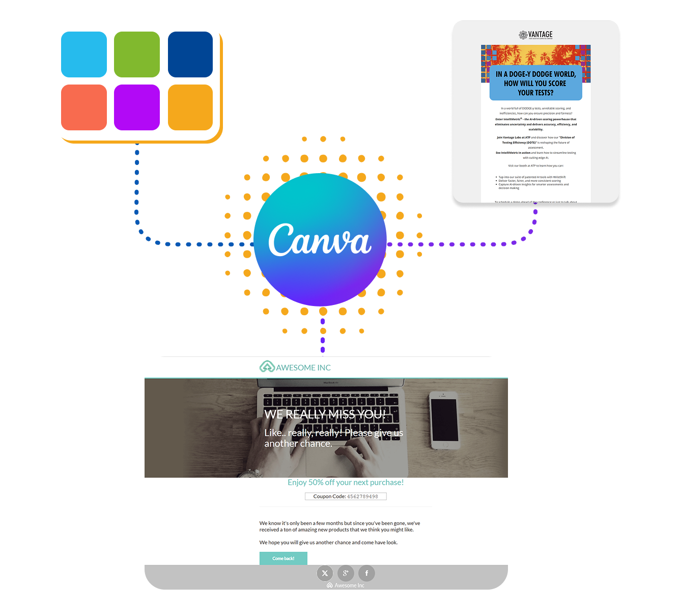 Canva logo connected to colorful design assets, a marketing report, and an email.