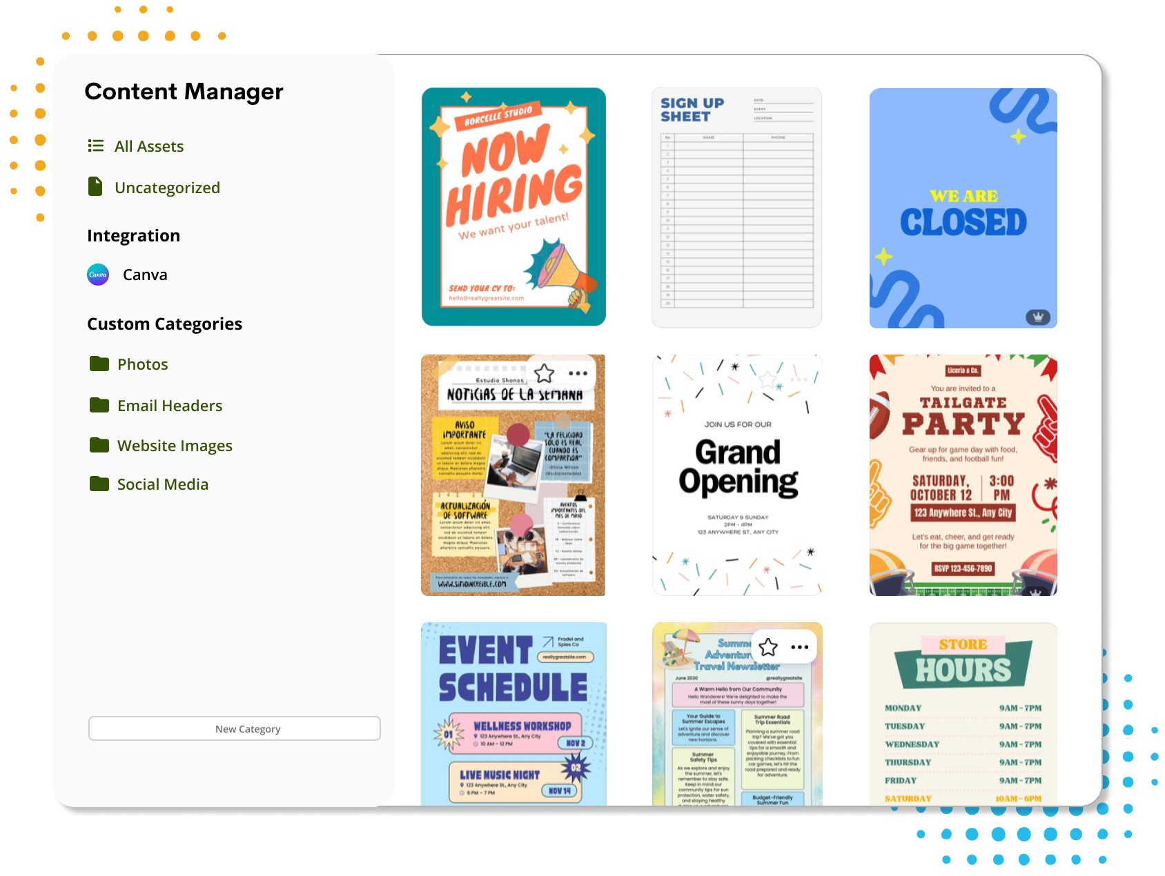 Content Manager interface displaying a sidebar and a grid of diverse Canva graphic designs.