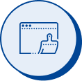 Blue line icon of a browser window with a dustpan and brush inside, for creative asset library.