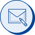 Blue outline icon of an envelope with a pencil, representing email-ready assets.
