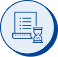 Blue icon of a document with bullet points and an hourglass, representing summarization.