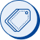 Blue outline icon of two overlapping price tags in a light blue circle, representing merge tags.