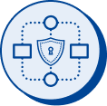 Blue icon showing a shield with a padlock, connected by dotted lines to four nodes, representing secure OAuth.