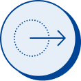 Blue icon with a dotted circle and an arrow pointing right, symbolizing one-way content sync.