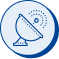 Blue line icon of a satellite dish emitting signals within a light blue circle.