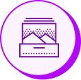Purple outline icon of a box containing abstract shapes, representing synced asset access.