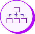 Purple outline icon of a hierarchical flowchart with one top box connected to three lower boxes.